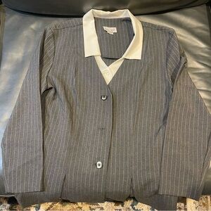Gray Pinstripe Women's Blazer with White Collar